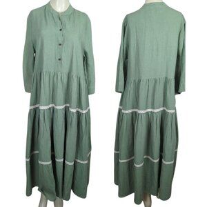 Live Linen Sage Green 3/4" sleeve Tiered Maxi Dress Lace Trim‎ Button Front L